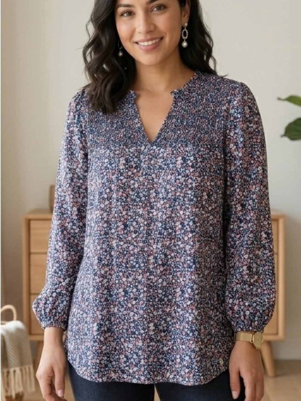 Chic Soul Blue & Pink Ditsy Floral Smocked Top 3X Plus Size Boho Spring Fashion